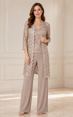 Taupe Lace Long Jacket Wide Leg Two Piece Formal Suit