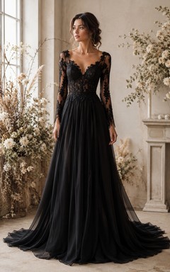 Black Long Sleeve Lace Bodice Tulle Wedding Dress