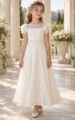 Ivory Illusion Neck Petal Sleeve Beaded Waist Georgette Flower Girl Dress