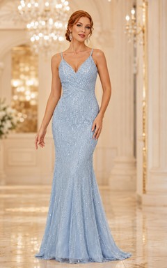 Sky Blue V Neck Lace Mermaid Formal Dress