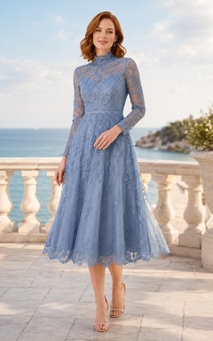 Robe de thé en dentelle bleu acier à col montant