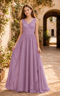 Lavendelfarbenes Brautjungfernkleid für junge Frauen, A-Linie, V-Ausschnitt, ärmellos, Spitze, romantisch