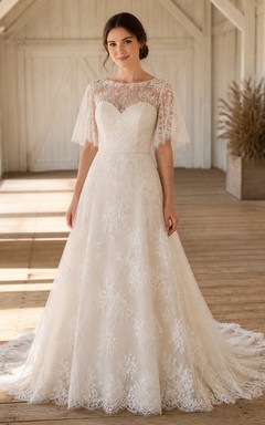 Vestido de novia modesto de corte A con escote barco y mangas murciélago, largo hasta el suelo.