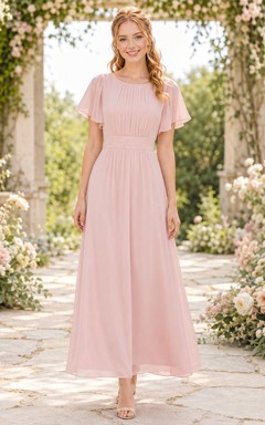 Blushing pink modest short sleeve chiffon ankle length junior bridesmaid dress