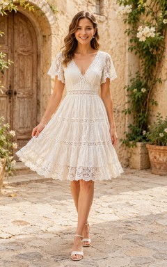 V-Neck Short Sleeve Lace Tea-Length Wedding Dress with Pleated Skirt