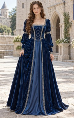 Vestido formal renacentista de terciopelo azul marino oscuro con mangas abullonadas y corsé de manga larga.