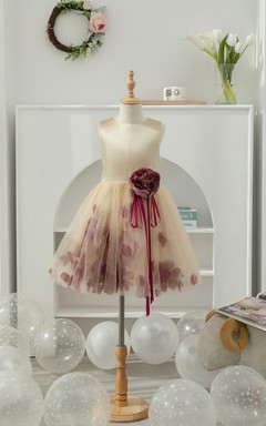 Two-Tone Satin A-line Short Tulle Floral Flowergirl Dress with Petals