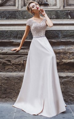 A-Line Floor-Length V-Neck Short Sleeve Jersey Appliques Pleats Low-V Back Dress