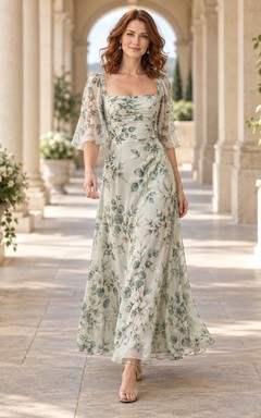 Salbeigrünes Chiffon-Gästekleid mit Blumenmuster, eckigem Ausschnitt, Dreiviertelärmeln und bodenlanger Ausführung