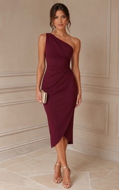 Burgundy One-Shoulder Midi Sheath Dress