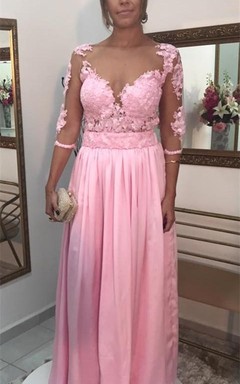 Timeless Lace Appliques Pink Evening Dress 3-4-Length Sleeve A-line