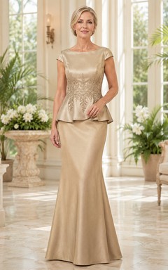 Antique Gold Modern Bateau Cap-Sleeve Satin Mermaid Floor-Length Mother of the Bride Gown with Structured Peplum