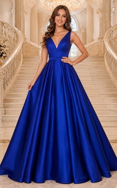 Royal blue V-neck satin ball gown prom dress
