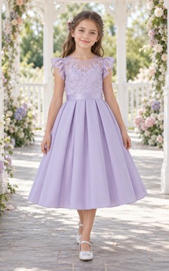 Vestido de niña de flores modesto de corte A con estampado floral lavanda y mangas con volantes, de satén, hasta la rodilla.