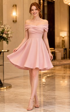 Vestido de cóctel ajustado con falda acampanada y hombros descubiertos en tono rosa empolvado