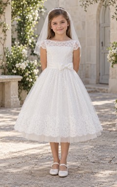 White Tea-length Bateau Cap Sleeve Lace Tulle First Communion Dress