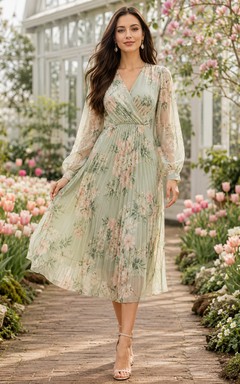 Robe midi portefeuille à manches longues et imprimé floral sauge pour occasions printanières