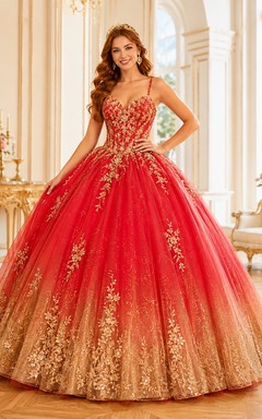 Vestido de quinceañera de princesa, rojo, sin tirantes, bordado dorado, estilo princesa.