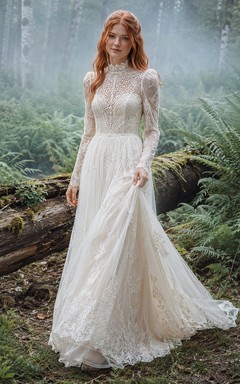 Robe de mariée bohème forêt à col montant et manches en dentelle pour une fugue amoureuse