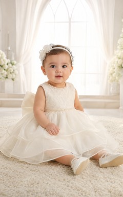 Pearl Baptism Dress A-Line Tulle Lace Jewel Neck Sleeveless Bow Back