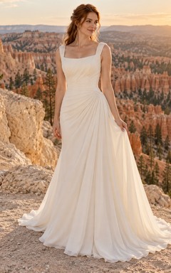 Vestido de novia sencillo de corte recto, sin mangas, de georgette liso y largo hasta el suelo.