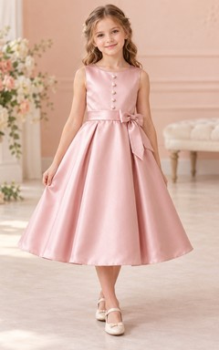 Blushing Pink Sleeveless Pearl Button Bow Tea-length Flower Girl Dress