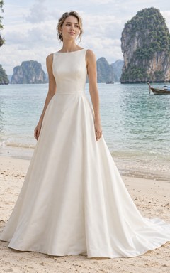 Schlichtes, ärmelloses Brautkleid aus Satin mit U-Boot-Ausschnitt und A-Linien-Schleppe