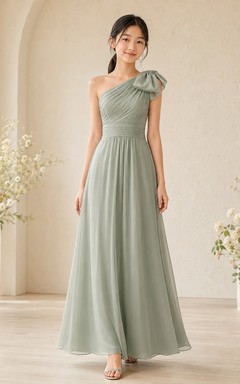 Elegantes junges Brautjungfernkleid in Celadon-Tönen, A-Linie, One-Shoulder, ärmellos, aus Chiffon
