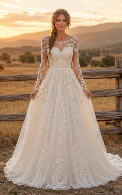 Vestido de novia de tul y encaje campestre, corte en A, escote en V, sin mangas, cola de capilla, espalda baja en V.