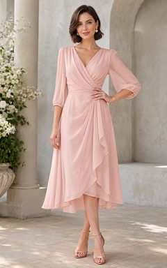 Dusty Rose Romantic V-Neck Chiffon Three-Quarter-Sleeve A-Line Tea-Length Dress