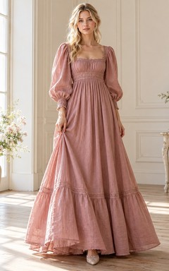 Robe de campagne vintage rose poudré à col carré et manches longues froncée