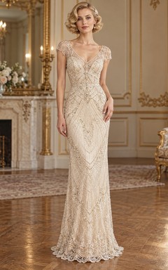 Vintage V-neck Beaded Cap Sleeve Geometric Sheath Wedding Dress