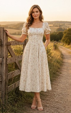 Vestido blanco de encaje floral con cuello cuadrado y manga corta hasta la rodilla