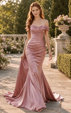Dusty Rose Off Shoulder Draped Satin Mermaid Chapel Train Wedding Gown