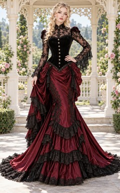 Gothic Victorian Burgundy High Neck Long Lace Sleeve Train Gown