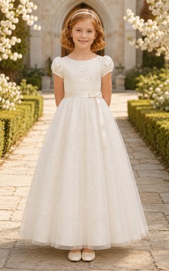 Weißes Pailletten-Tüllkleid mit Rundhalsausschnitt, kurzen Puffärmeln und knöchellangem Pailletten-Tüllkleid für Kommunionmädchen