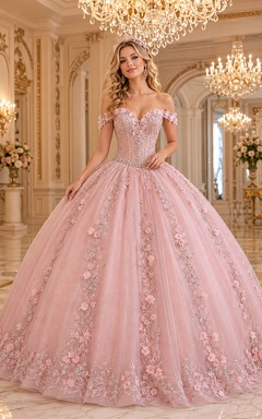 Vestido de baile de lujo de princesa para quinceañera, estilo princesa, con hombros descubiertos y estampado floral tridimensional, color rosa empolvado, ideal para grandes salones de baile.