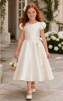 Klassisches, teelanges A-Linien-Kleid aus Satin mit Rundhalsausschnitt, Puffärmeln und Schleife für Blumenmädchen