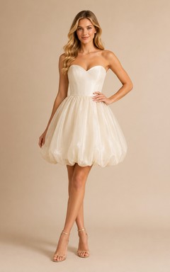 Cocktailkleid, elfenbeinfarbenes Tüllkleid, A-Linie, trägerlos, Minikleid für besondere Anlässe