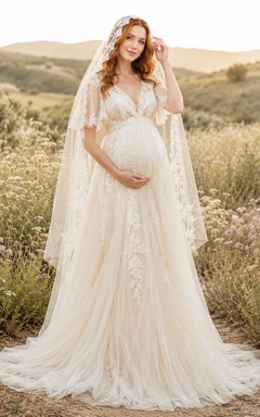 Maternity Wedding Dress V-Neck Cap Sleeve Lace Tulle Gown with Country Train
