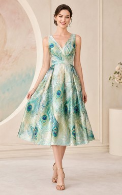 Peacock Cocktail Dress A-Line Printed V-Neck Sleeveless Tea-Length Vintage Party Style