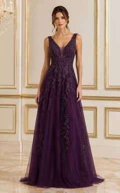 Plum Purple Beaded Evening Gown with V Neckline A-Line Tulle Dress