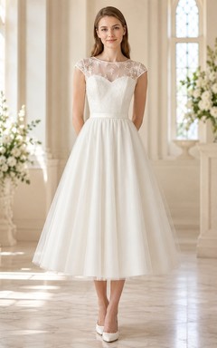 White Lace Scalloped Cap-Sleeve A-Line Tea-Length Modest Dress