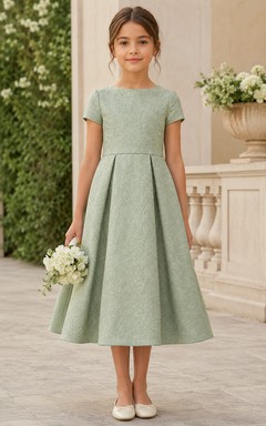 A-line Tea-length Short Sleeve Satin Flower Girl Dress with Sage short-sleeve satin dress with box pleats