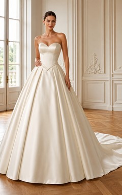 Trägerloses, herzförmiges Ballkleid aus Satin mit schlichter, plissierter Kapellenschleppe
