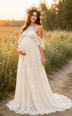 Umstandskleid mit One-Shoulder-Schulter und Spitzenärmeln im Landhausstil für Hochzeiten