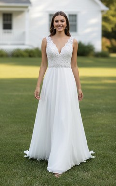 Robe de mariée trapèze sans manches à corsage perlé et jupe fluide en mousseline