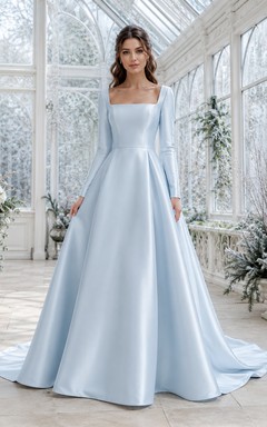 Robe de mariée bleu poudré en satin satiné, col carré, manches longues, coupe trapèze