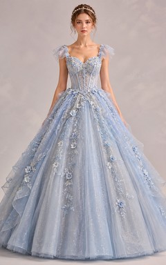 Ballkleid aus Spitze mit V-Ausschnitt, kurzen Ärmeln und applizierten Blumen, bodenlang