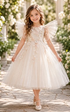 Flower Girl Dress A-Line Cream Fairy Wing Tulle Floral Sleeve Reception